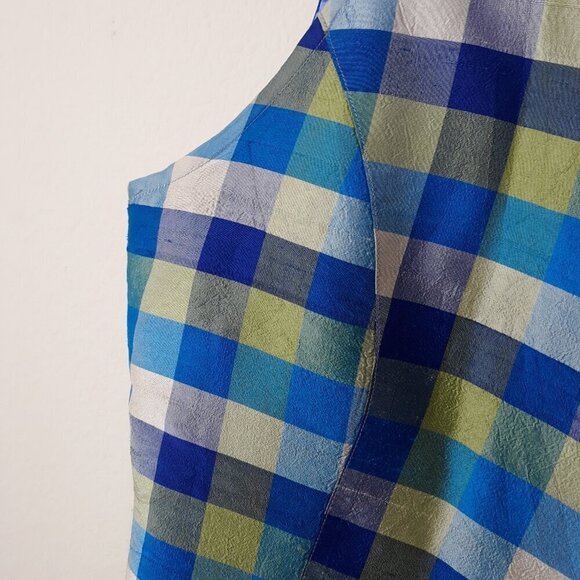 Lot-Anne Carson Silk Blue Plaid Cropped Wrap Top & Green Plaid Top M Sleeveless - Picture 5 of 13